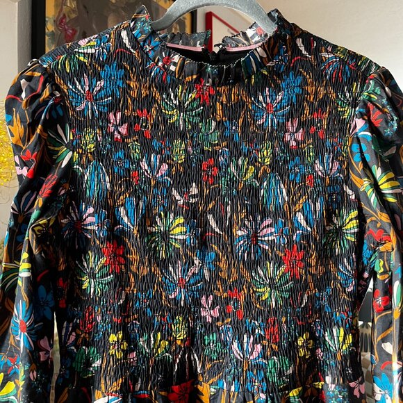 Boden Frill Neck Smocked Dress Black "Wild Dandelion" UK 12 US 8 EUC Knee Length - Picture 3 of 11